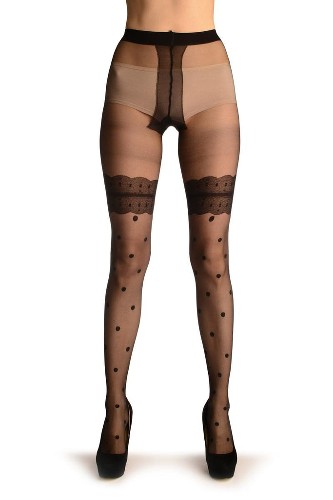 Liss Kiss Black With Polka Dots & Lace Garter Faux Stockigns - Tights