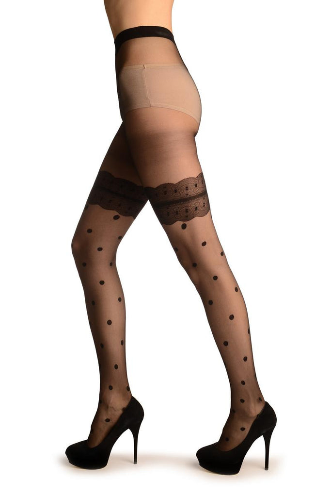 Liss Kiss Black With Polka Dots & Lace Garter Faux Stockigns - Tights