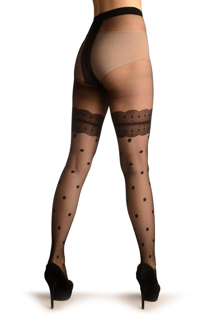 Liss Kiss Black With Polka Dots & Lace Garter Faux Stockigns - Tights
