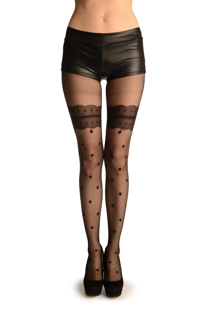 liss kiss Black With Polka Dots & Lace Garter Faux Stockigns - Tights