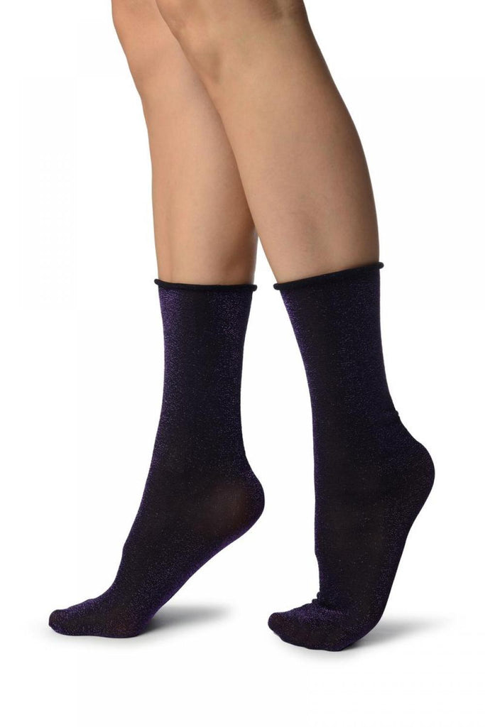 Liss Kiss Black With Purple Lurex Comfort Top Ankle High Socks - Socks