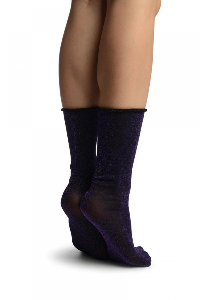 Liss Kiss Black With Purple Lurex Comfort Top Ankle High Socks - Socks