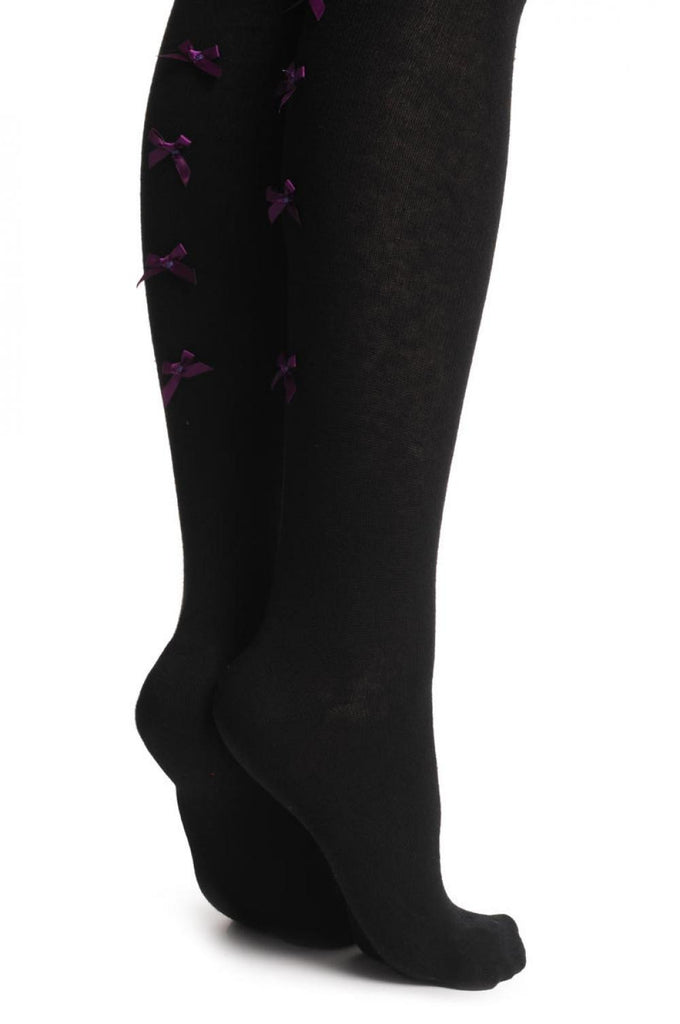 Liss Kiss Black With Purple Satin Bows At The Back - Over The Knee Socks