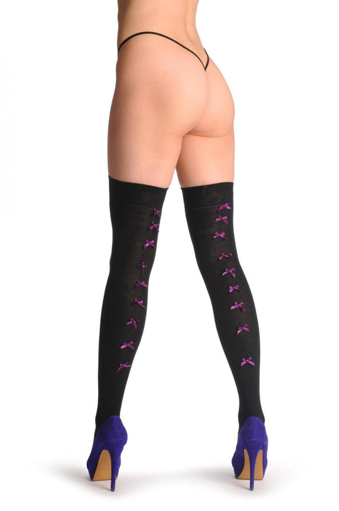 liss kiss Black With Purple Satin Bows At The Back - Over The Knee Socks