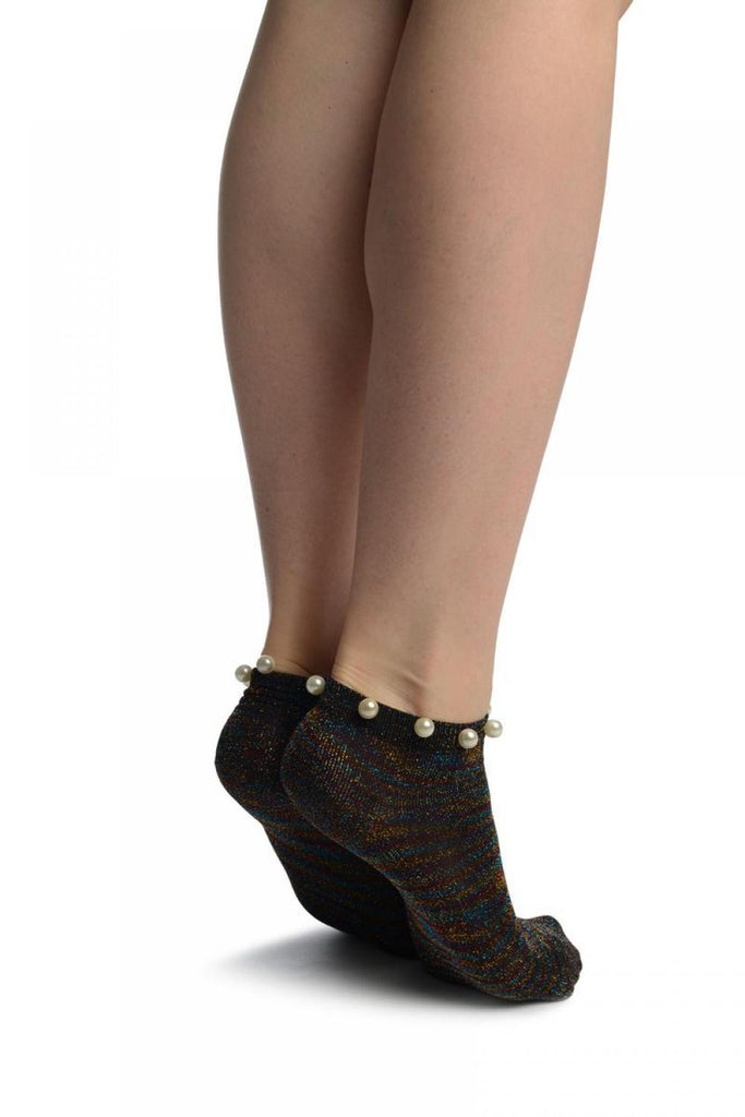 Liss Kiss Black With Raibow Lurex & Pearls Footsies Socks - Footsies Socks
