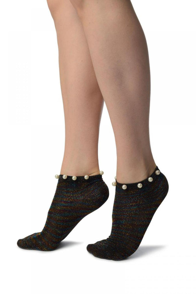 Liss Kiss Black With Raibow Lurex & Pearls Footsies Socks - Footsies Socks
