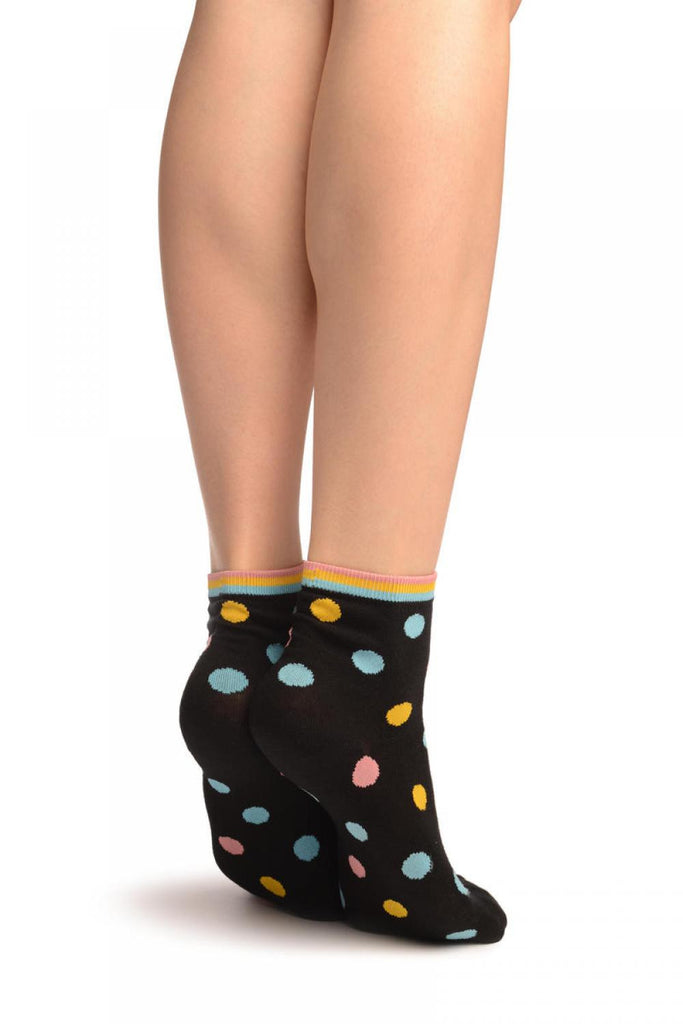 Liss Kiss Black With Rainbow Polka Dot Ankle High Socks - Socks