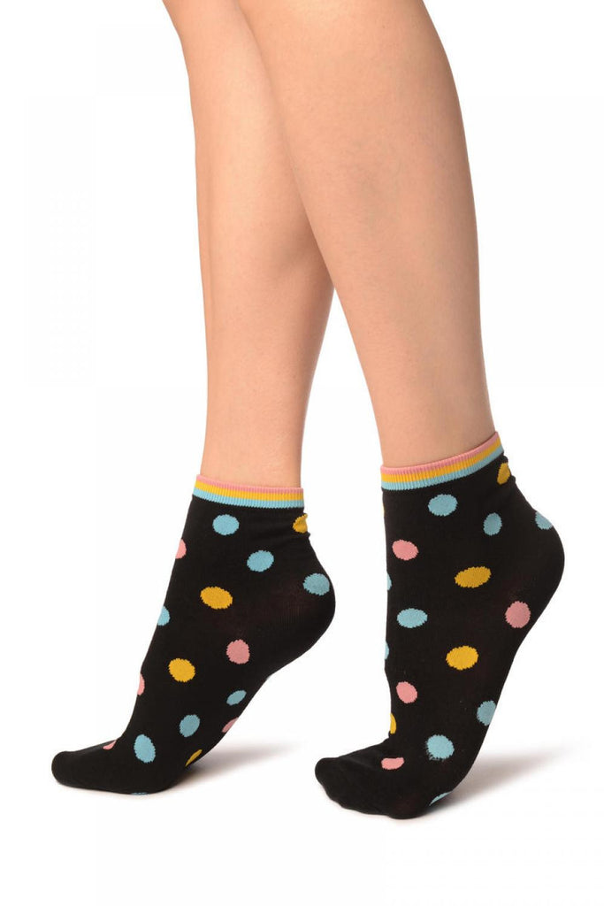 Liss Kiss Black With Rainbow Polka Dot Ankle High Socks - Socks