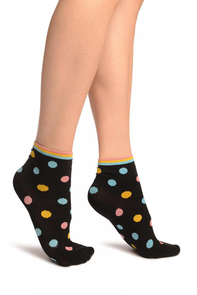 Liss Kiss Black With Rainbow Polka Dot Ankle High Socks - Socks