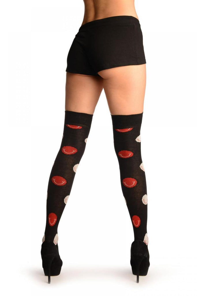 Liss Kiss Black With Red And White Smiling Balls Over The Knee Socks - Over The Knee Socks