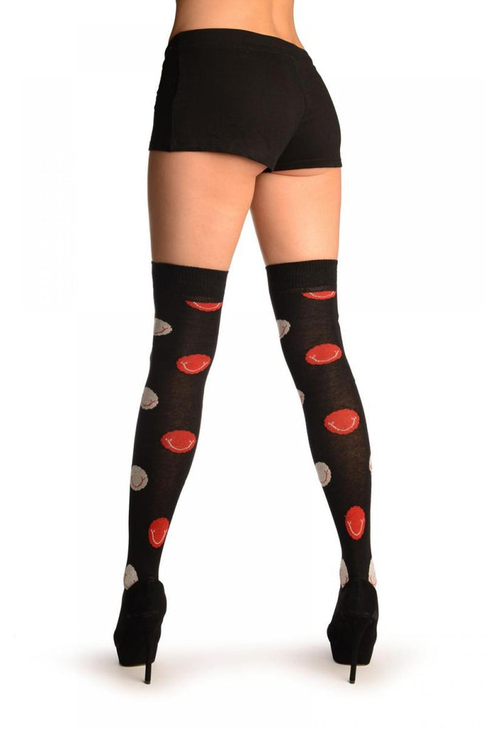 Liss Kiss Black With Red And White Smiling Balls Over The Knee Socks - Over The Knee Socks