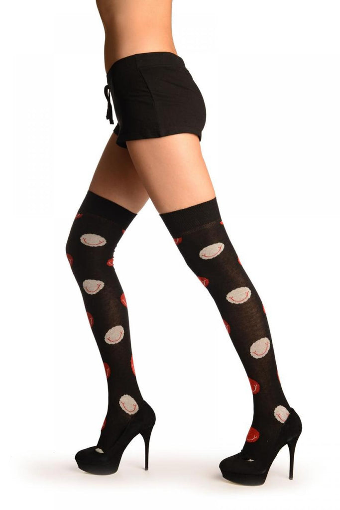 Liss Kiss Black With Red And White Smiling Balls Over The Knee Socks - Over The Knee Socks