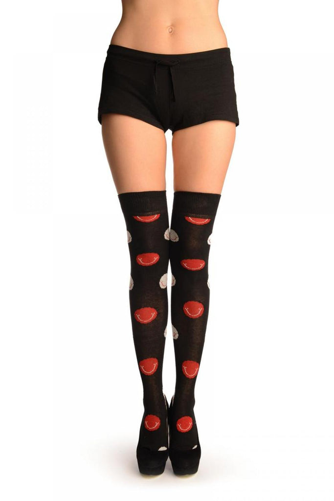 liss kiss Black With Red And White Smiling Balls Over The Knee Socks - Over The Knee Socks