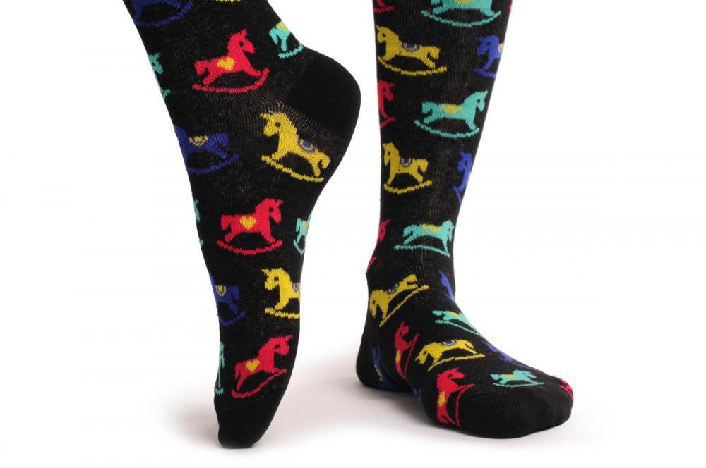 Liss Kiss Black With Red Blue Yellow & Green Ponies - Over The Knee Socks
