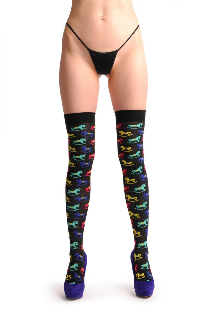 Liss Kiss Black With Red Blue Yellow & Green Ponies - Over The Knee Socks
