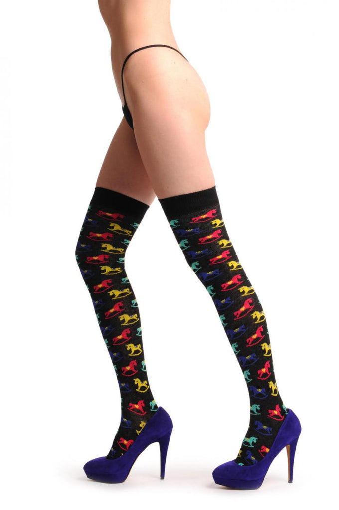 liss kiss Black With Red Blue Yellow & Green Ponies - Over The Knee Socks