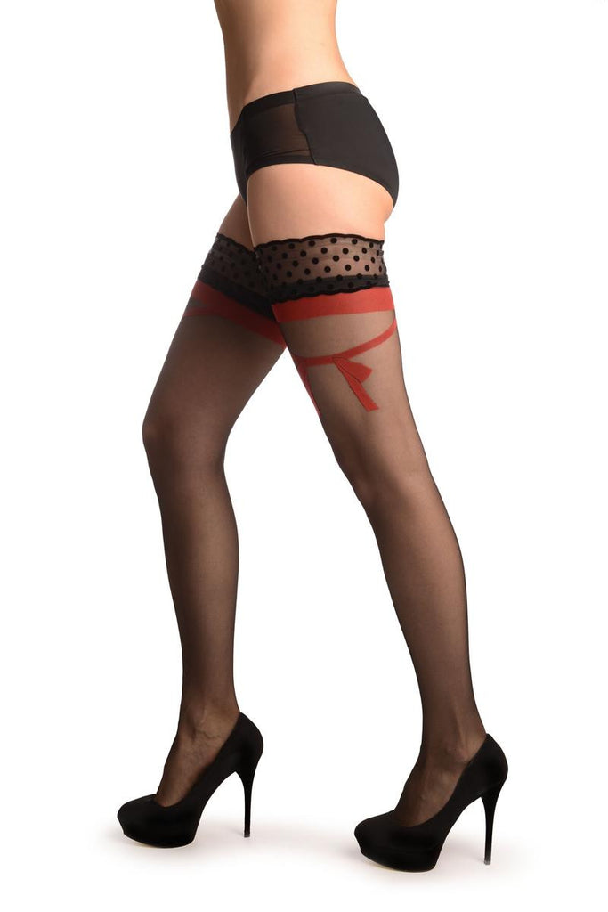 Liss Kiss Black With Red Bow And Velvet Polka Dot Silicon Garter - Hold Ups