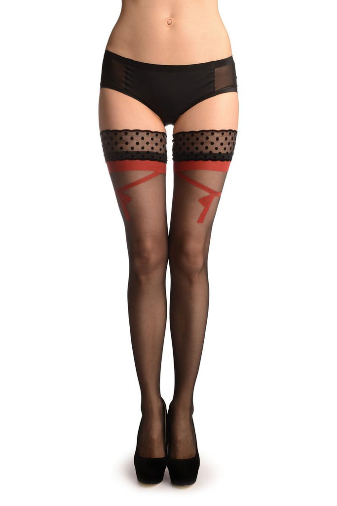 liss kiss Black With Red Bow And Velvet Polka Dot Silicon Garter - Hold Ups