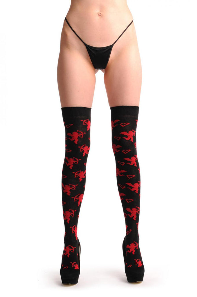 Liss Kiss Black With Red Cupid Angels - Over The Knee Socks