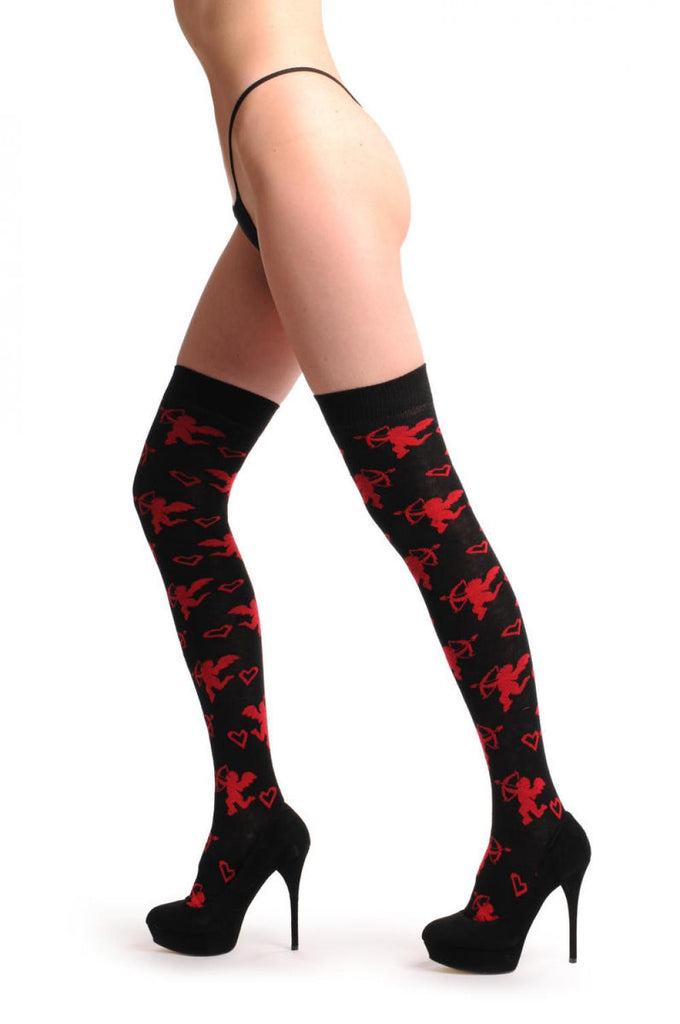 Liss Kiss Black With Red Cupid Angels - Over The Knee Socks