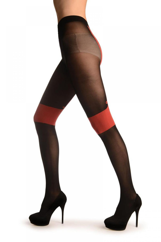 Liss Kiss Black With Red Faux Suspenders & Bow - Tights