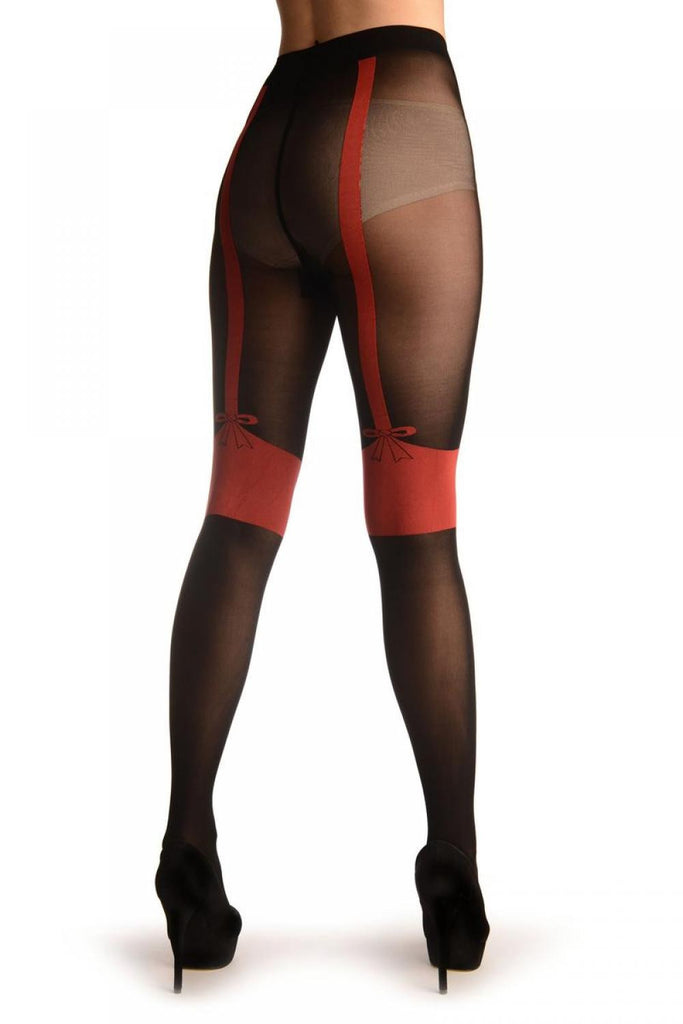 Liss Kiss Black With Red Faux Suspenders & Bow - Tights