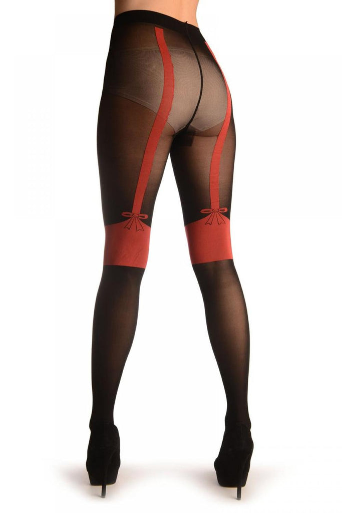 liss kiss Black With Red Faux Suspenders & Bow - Tights