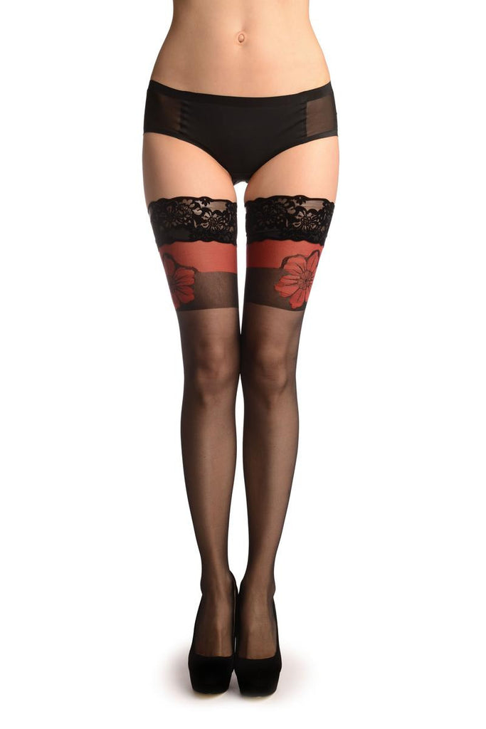 Liss Kiss Black With Red Flower & Matching Velvet Silicon Garter - Hold Ups