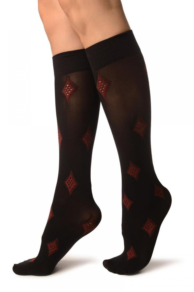 Liss Kiss Black With Red Rhombs Socks Knee High - Socks