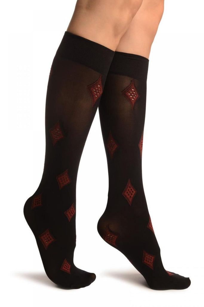Liss Kiss Black With Red Rhombs Socks Knee High - Socks