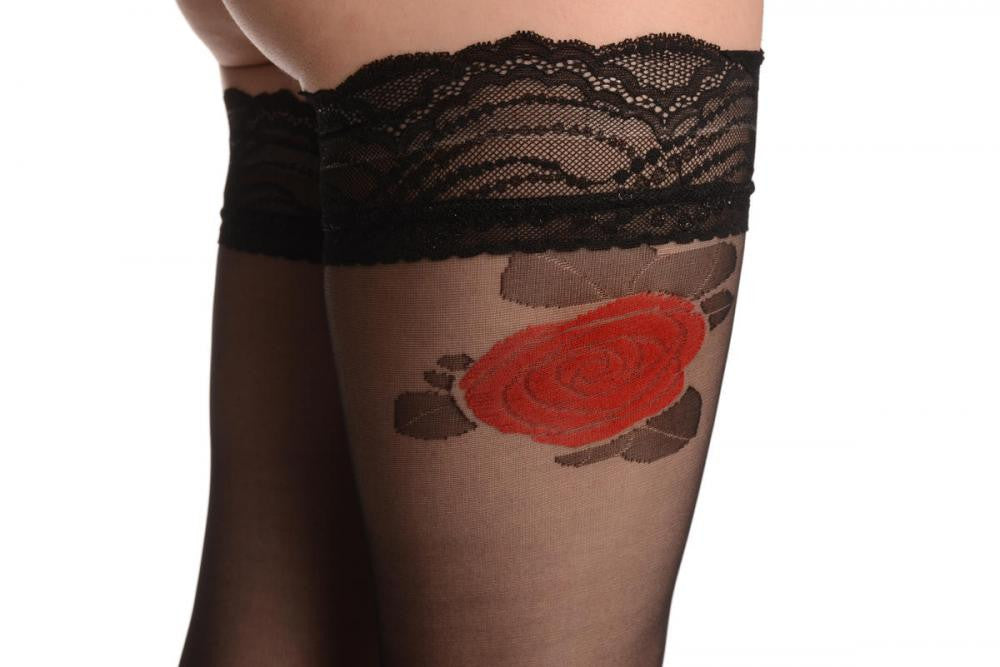 Liss Kiss Black With Red Rose Top With Silicon Lace 20 Den - Hold Ups