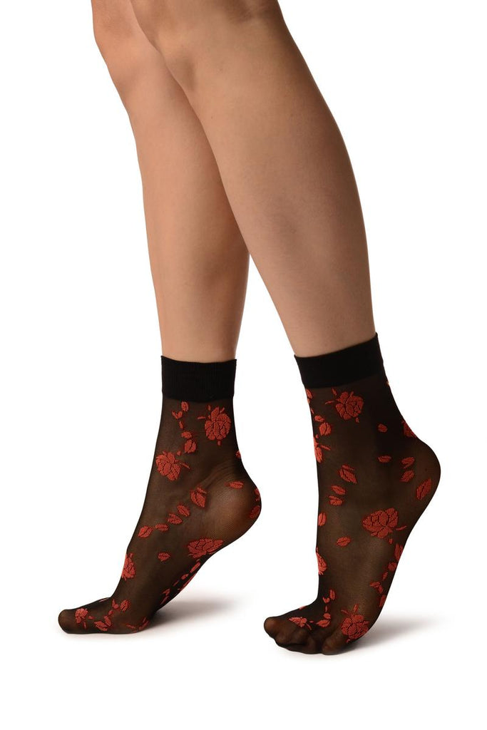 Liss Kiss Black With Red Roses Ankle High Socks - Socks