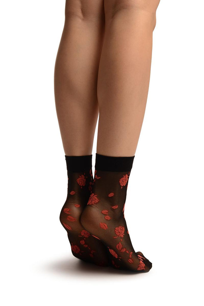 Liss Kiss Black With Red Roses Ankle High Socks - Socks