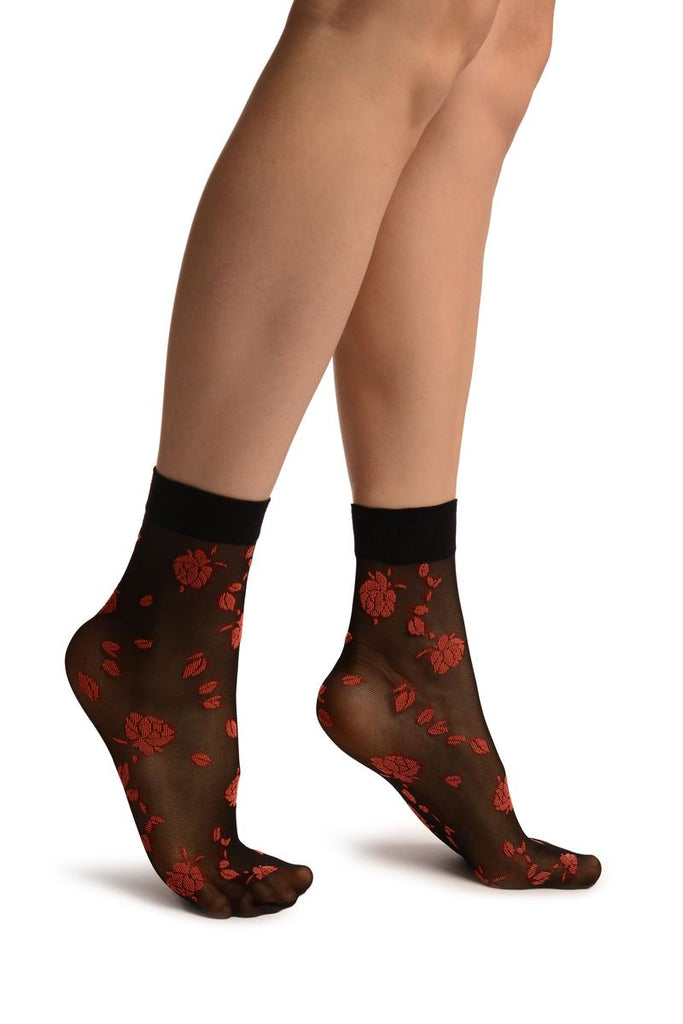 liss kiss Black With Red Roses Ankle High Socks - Socks