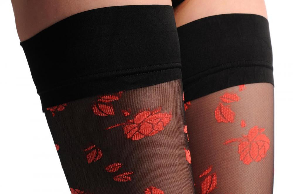 Liss Kiss Black With Red Roses At The Top & Black Silicon Garter - Hold Ups