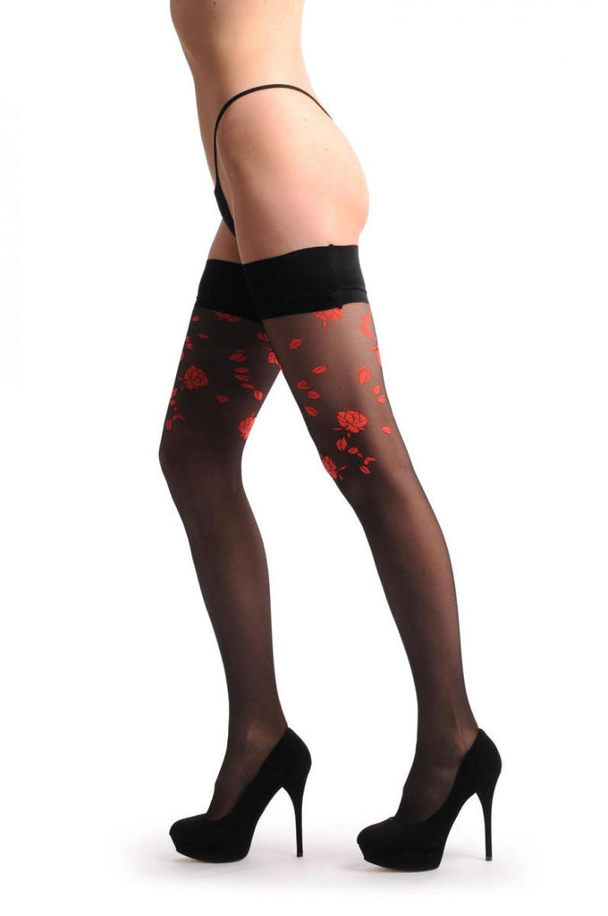 liss kiss Black With Red Roses At The Top & Black Silicon Garter - Hold Ups