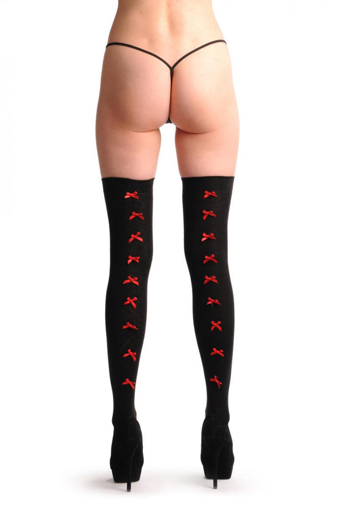 liss kiss Black With Red Satin Bows At The Back - Over The Knee Socks
