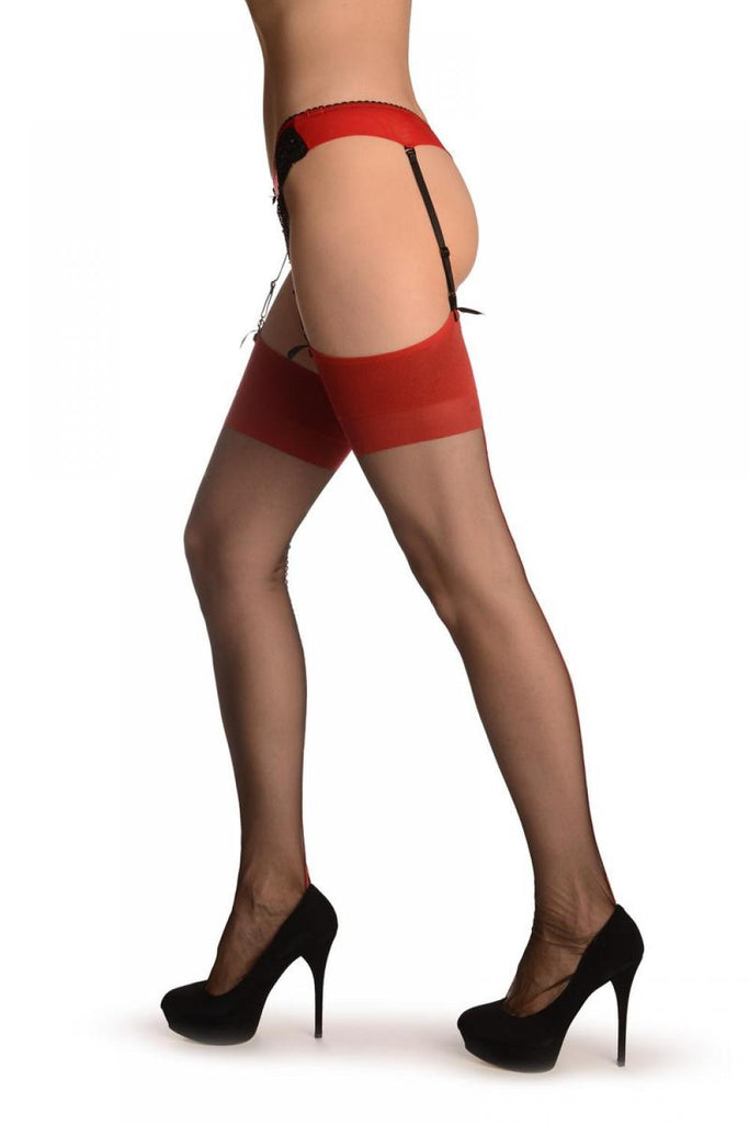 Liss Kiss Black With Red Seam & Red Garter Retro Stockings - Stockings