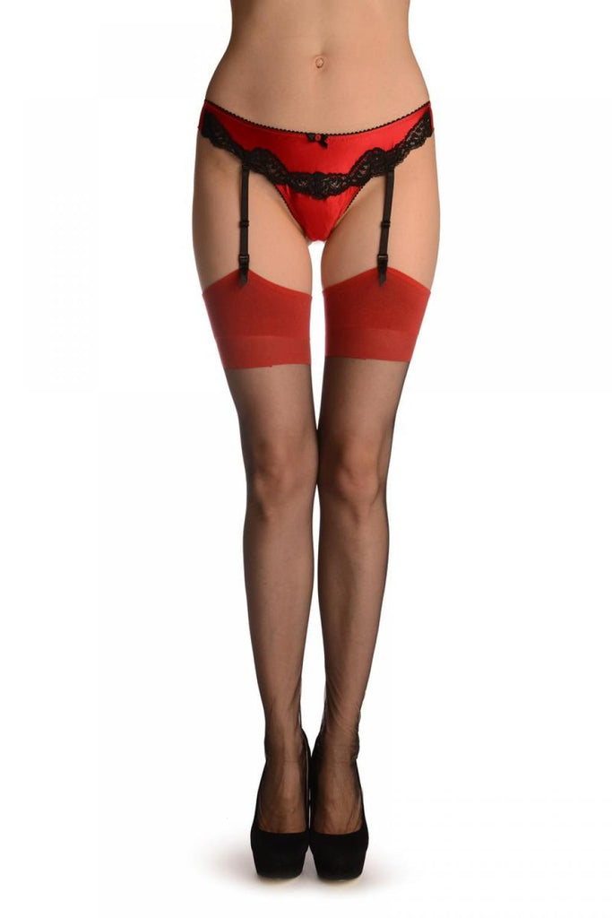 Liss Kiss Black With Red Seam & Red Garter Retro Stockings - Stockings