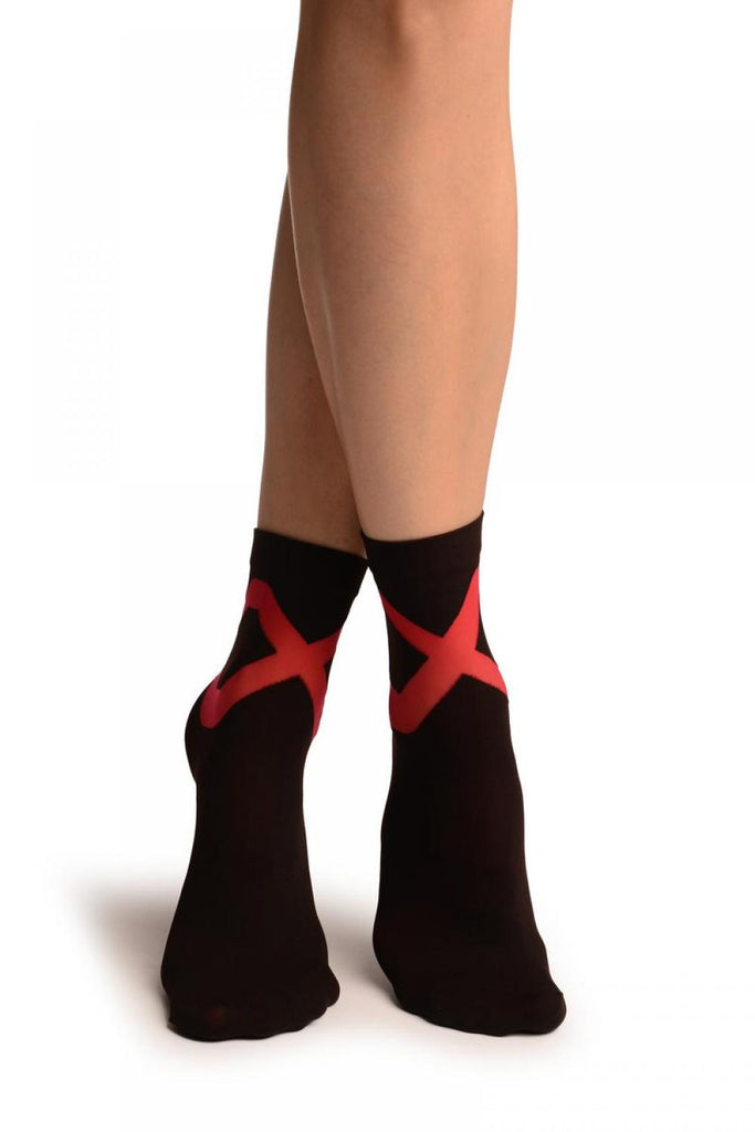 liss kiss Black With Red Sheer Criss-Cross Ankle High Socks - Socks