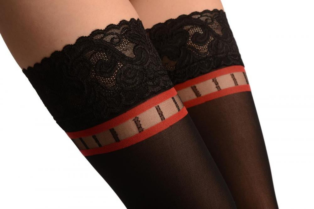 Liss Kiss Black With Red Squares Top And Floral Silicon Garter - Hold Ups