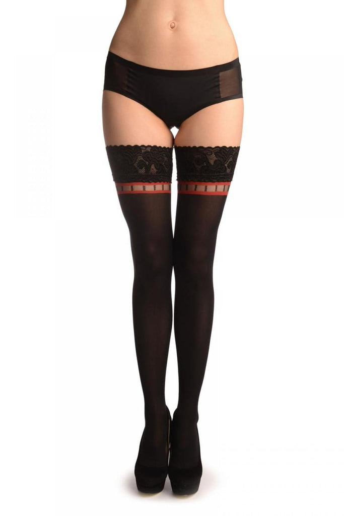 liss kiss Black With Red Squares Top And Floral Silicon Garter - Hold Ups