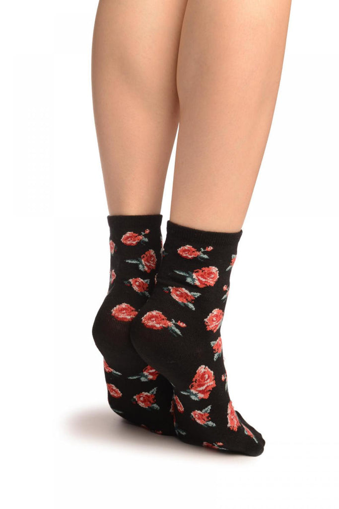 Liss Kiss Black With Red Woven Roses Ankle High Socks - Socks