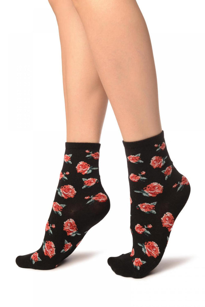 Liss Kiss Black With Red Woven Roses Ankle High Socks - Socks