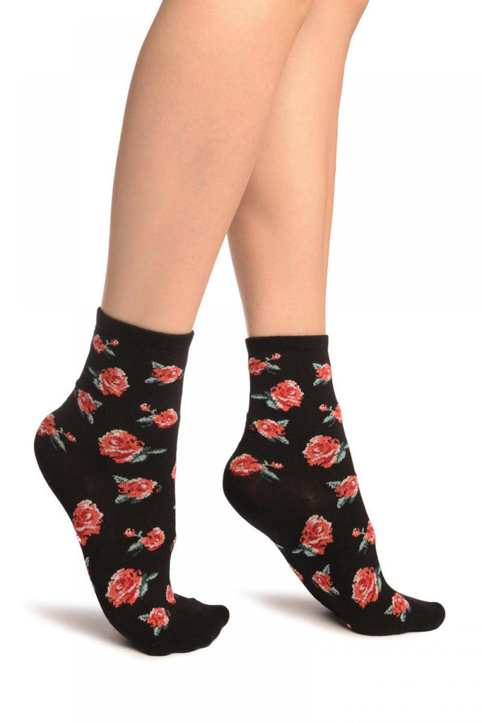 liss kiss Black With Red Woven Roses Ankle High Socks - Socks