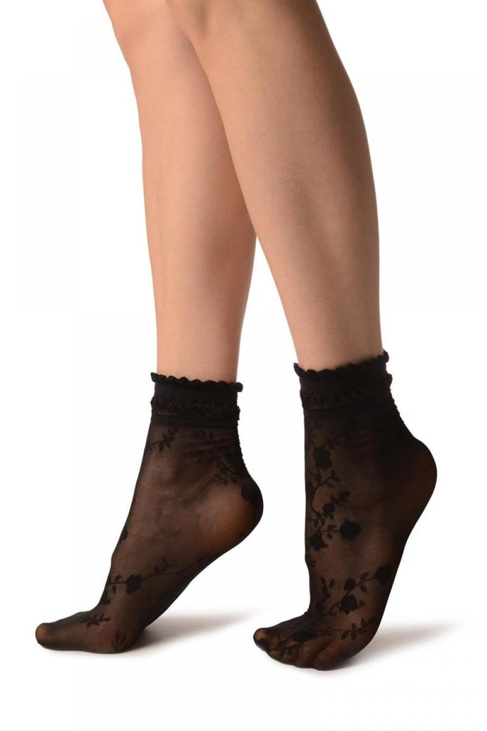 Liss Kiss Black With Roses And Silky Comfort Top Ankle High Socks - Socks
