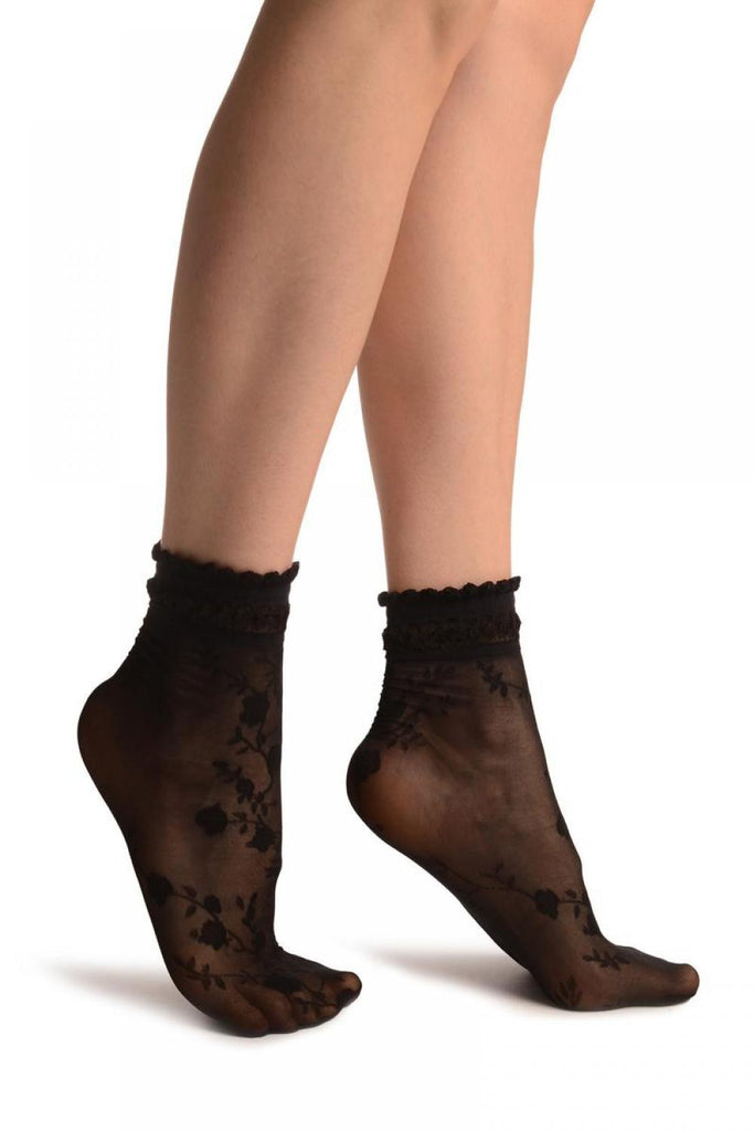 liss kiss Black With Roses And Silky Comfort Top Ankle High Socks - Socks