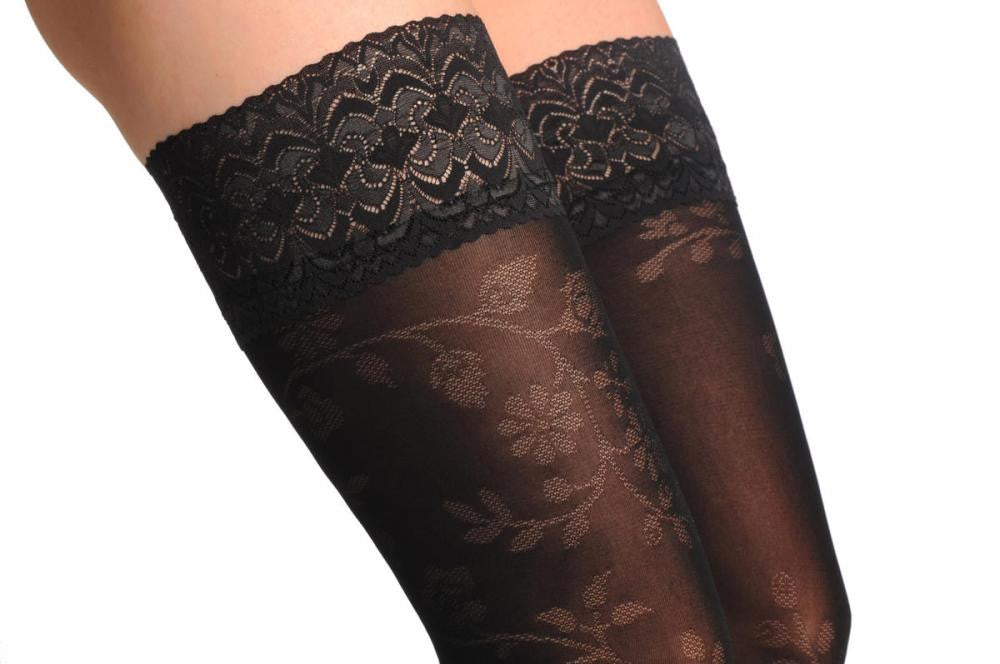 Liss Kiss Black With Semi Transparent Roses On Top & Floral Silicon Lace Top - Hold Ups