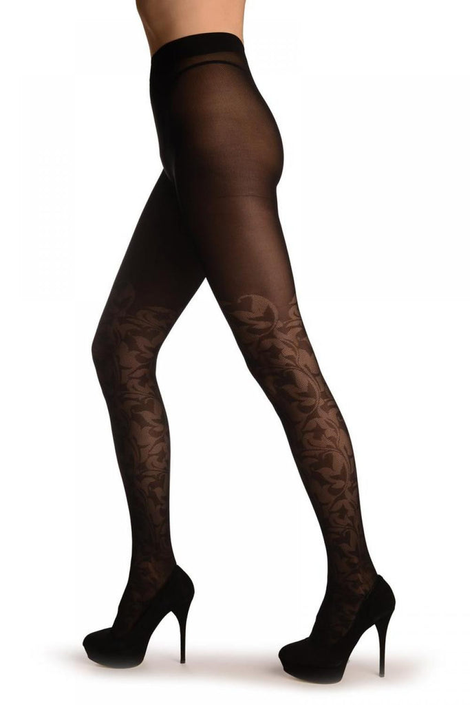 Liss Kiss Black With Semi Transparent Woven Leaves Over The Knee - Tights