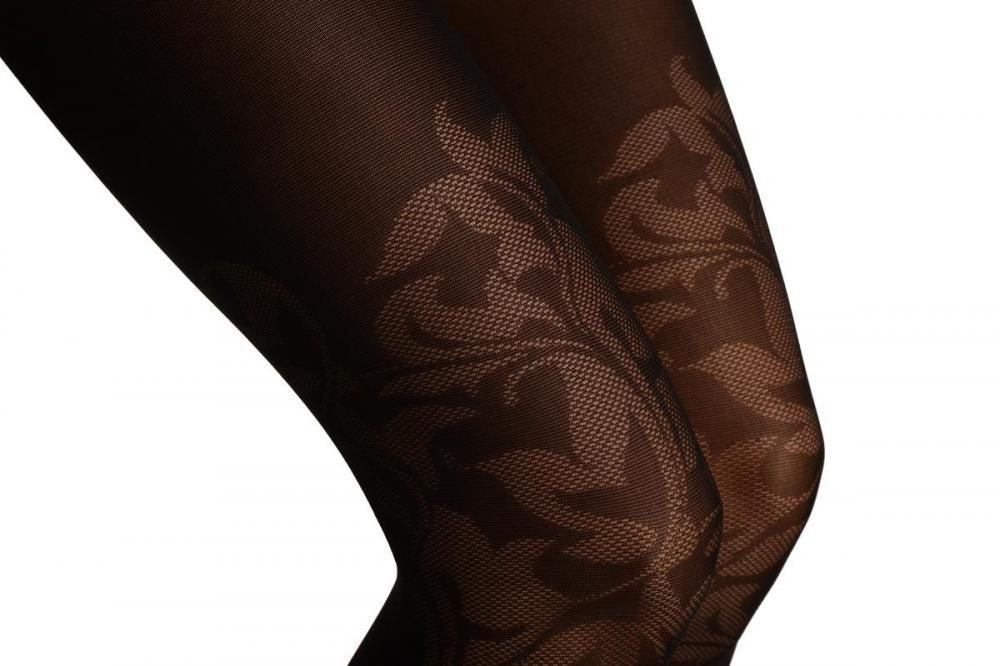 Liss Kiss Black With Semi Transparent Woven Leaves Over The Knee - Tights